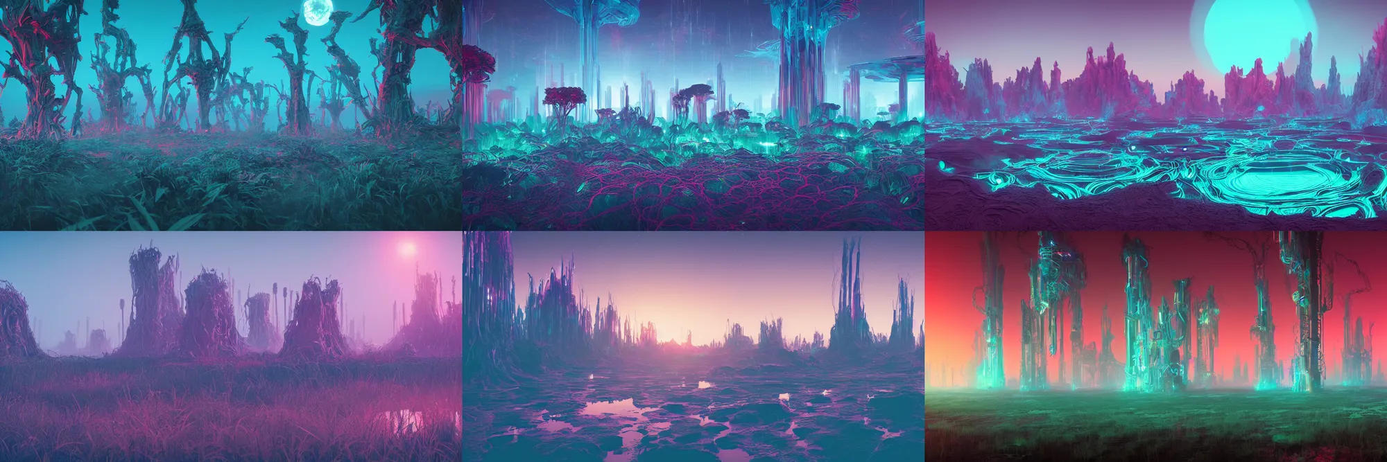 Prompt: extraterrestrial wetland landscape with organic towers, neon cyan sunset, Unreal Engine 5, digital art by Liam Wong