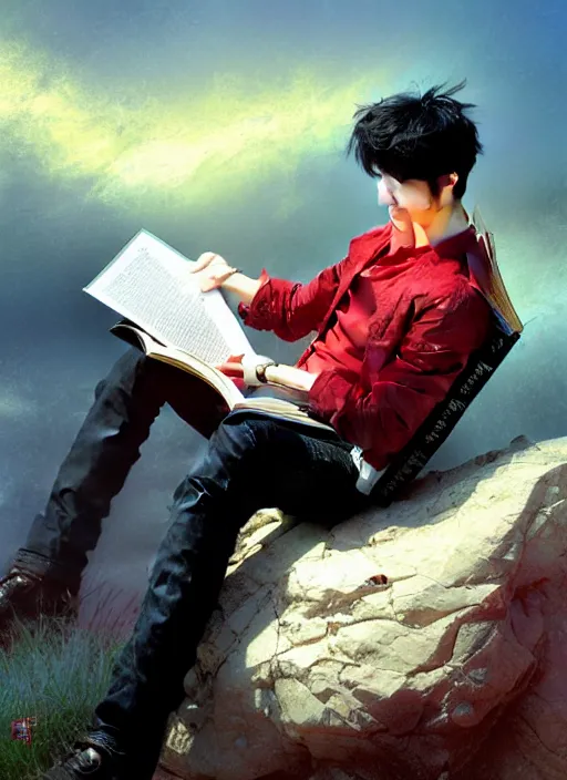 Prompt: harmony sunny day, grasslands, seokjin wearing baby blue jacket & white top & black jeans while reading a red book, amazing composition & dynamic posing of black haired seokjin reading red book, by franz xavier leyendecker, wlop! muted colors, highly detailed, fantasy art by craig mullins, thomas kinkade cfg _ scale 9