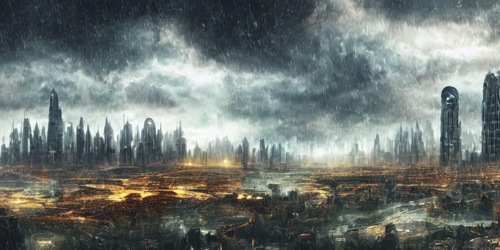 Image similar to beautiful alien world landscape on a rainy day with a sci-fi city in the background, high detail, high definition, photorealistic, 8k
