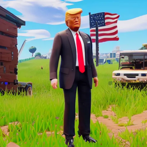 Prompt: donald trump fortnite skin limited new launch presidential skin, sunny, detailed, epic games fortnite trailer