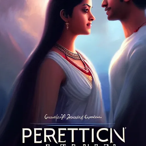 Image similar to perfectly centered movie promotional poster photograph of a young indian guy and a beautiful girl side profile faces symmetrical ; real life portrait, ultra realistic, concept art, intricate details, eerie, highly detailed, photorealistic, octane render, 8 k, unreal engine ; romantic theme, two lovers sharing one heart ; art by artgerm, greg rutkowski, charlie bowater