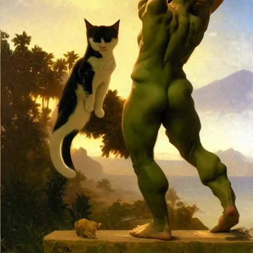 Image similar to Painting of a cat as the Hulk. Art by william adolphe bouguereau. During golden hour. Extremely detailed. Beautiful. 4K. Award winning.