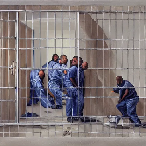 Prompt: hyperrealism painting of prisoners trying to escape prison while guards are distracted