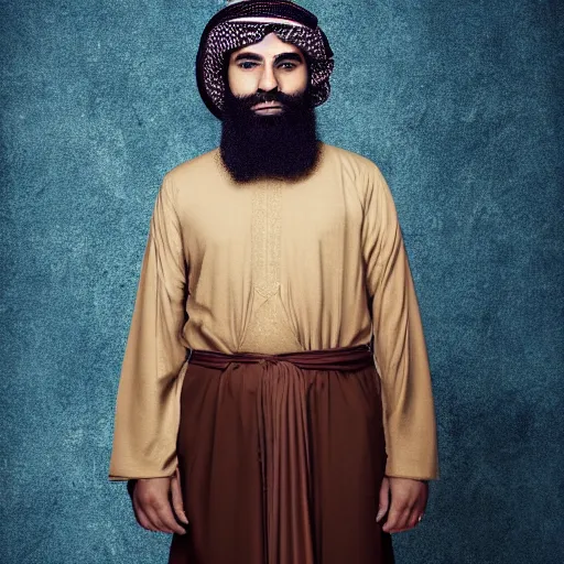 Prompt: middle ages middle eastern colored clothing, middle aged man, dark complexion, well trimmed beard, portrait full body view, defined jawline, middle easter contemporary artstyle