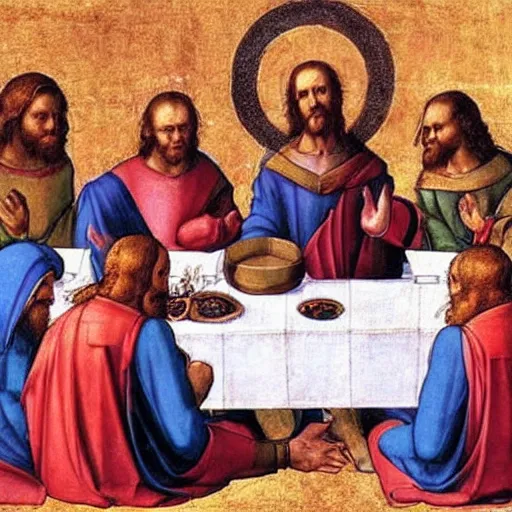 Image similar to the power rangers eating at the last supper with jesus painting by leonardo da vinci