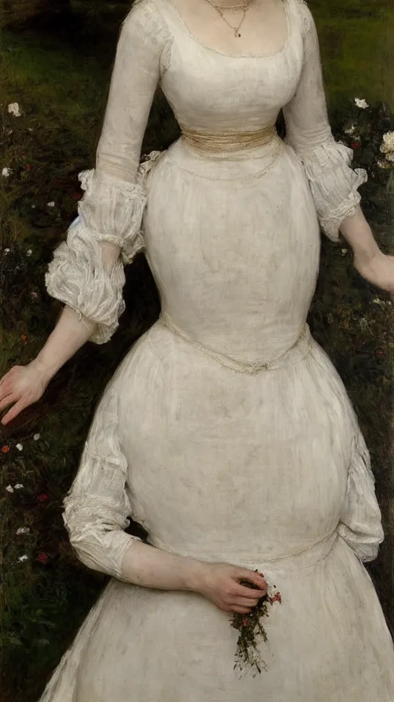 Image similar to portrait of a woman in a white dress, Ophelia , painted by John Everett Millais, full length photo.