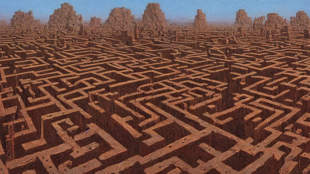 Prompt: atmospheric ancient ruins of a giant maze in the desert by beksinski and peter gric and bruce pennington