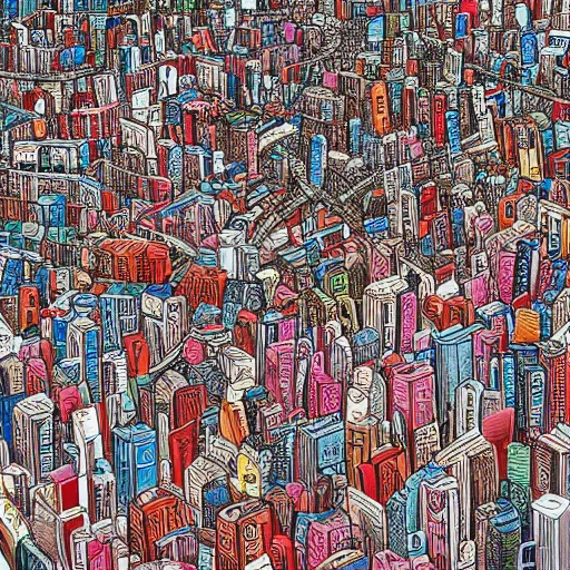 Image similar to a highly detailed Where's Waldo? drawing of a busy city, many people, high density, traffic, city centre, many details, Where's Wally?, Waldo, complex, by Martin Hendford