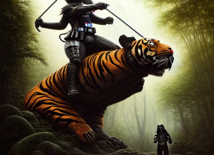 Image similar to romantic portrait shot of darth vader riding a tiger through the jungle intricate, elegant, highly detailed, centered, digital painting, artstation, concept art, smooth, sharp focus, illustration, artgerm, tomasz alen kopera, peter mohrbacher, donato giancola, joseph christian leyendecker, wlop, boris vallejo