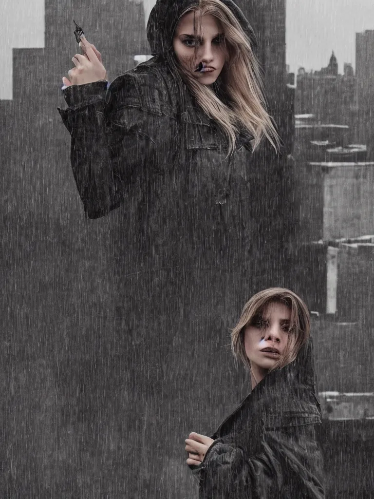 Image similar to cute model annie leonhart posing in dunwall city on building roof, beautiful face, detailed face, natural lighting, rainy weather, volumetric light, gothic architecture, realistic reflections, model agency, instagram photo, depression atmosphere, shot on iphone 1 3 pro, beauty filter, postprocessing