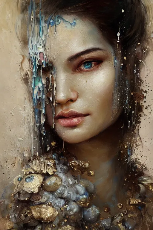 Prompt: face closeup of beautiful girl in intricate detailed oilpaint, melting wax, oilpaint drips, smoke, 3 d render, hyper realistic detailed portrait, fyling silk, ruan jia, wlop. scifi, fantasy, hyper detailed, octane render, concept art, by peter mohrbacher, by gustav klimt, by wlop, by ruan jia