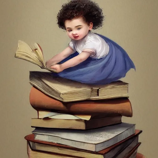 Image similar to a cute little girl with a round cherubic face, blue eyes, and short curly light brown hair sitting on top of a stack of books. beautiful 2 d cartoon painting with highly detailed face by quentin blake and greg rutkowski