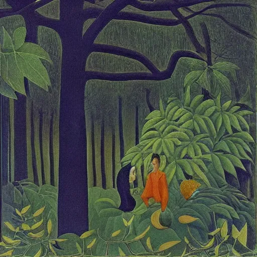 Prompt: a black monster in a blue forest, by Henri Rousseau, naive, highly detailed, vintage colored photography