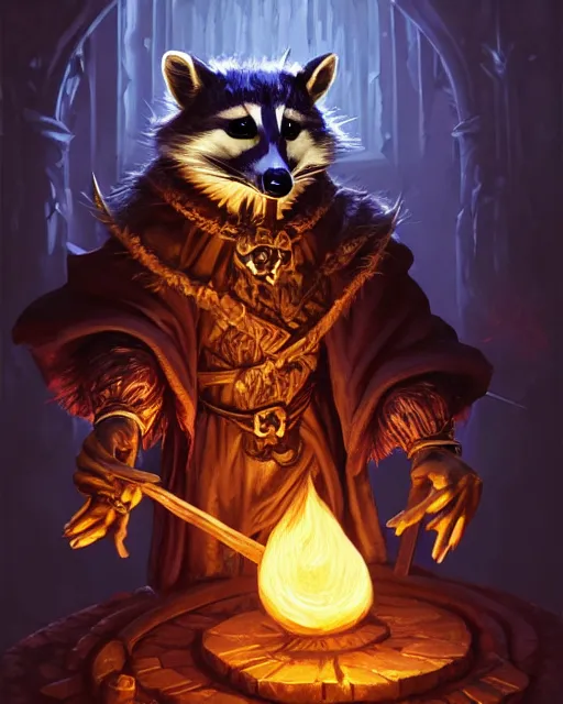 Image similar to anthropomorphic royal warlock raccoon casting a spell in a dungeon, dark souls, d & d, fantasy, intricate, action pose, elegant, highly detailed, digital painting, artstation, concept art, matte, sharp focus, volumetric lighting, illustration, hearthstone, art by artgerm, wlop, greg rutkowski and alphonse mucha