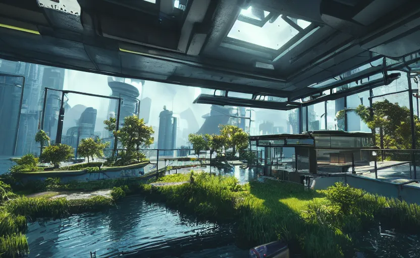 Image similar to photorealistic cyberpunk lakehousein a dessert oasis. daylight. sunlight. lens flare. light fixtures. 8K. detailed. photorealism. artstation. 25mm f/1.7 ASPH Lens. ultra realistic