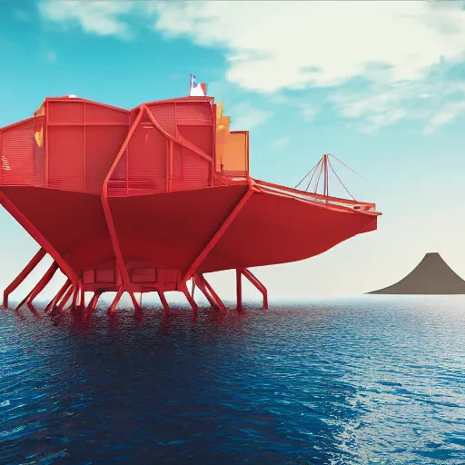 Image similar to steel structure architecture building in the middle of sea with a volcano background, red ship, blue color scheme, realistic, 8 k, artstation.