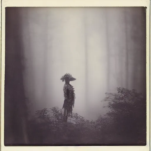 Image similar to an ancient evil-girl on a mysterious fractal forest, mist, 1910 polaroid photography, Black and white