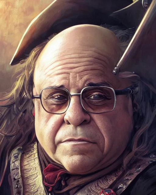 Image similar to portrait of danny devito as a pirate, highly detailed, digital painting, artstation, concept art, sharp focus, illustration, art by artgerm and greg rutkowski and alphonse mucha