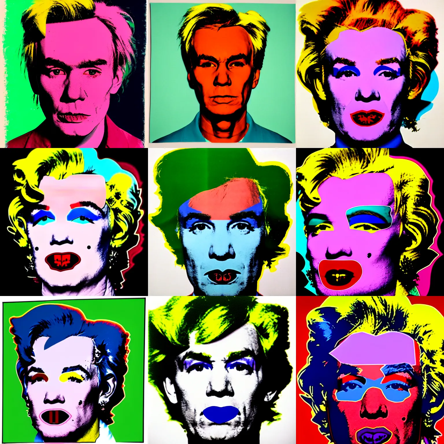 Prompt: colour portrait of angry andy warhol, 30 years old, who looks straight into the camera, with shoulders visible in the frame. in the style of andy warhol