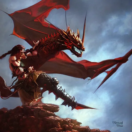 Prompt: warrior fighting a dragon by Wayne Reynolds