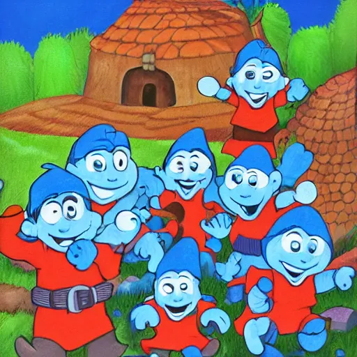 Prompt: the smurf village, artwork by random artist