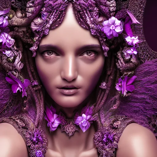 Prompt: Aphrodite Goddess of Love, intricate, portrait, character photography, Incredible purple and black illustration, highly detailed, octane render, 8k, post-processing