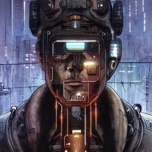 Prompt: Digital portrait of a cyborg from Ghost in the machine by Enki bilal and Moebius and Salvator dali, cyberpunk, impressive perspective, aesthetic, masterpiece