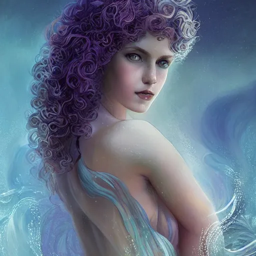 Image similar to beautiful mermaid with curly hair, magical details, magical atmosphere, digital art, concept art, devianart, cinematic lighting, hyper - detailed, cgsociety, 3 - d 8 k, high resolution, in the style of charlie bowater, tom bagshaw, alexis franklin, elena masci, pawel rebisz