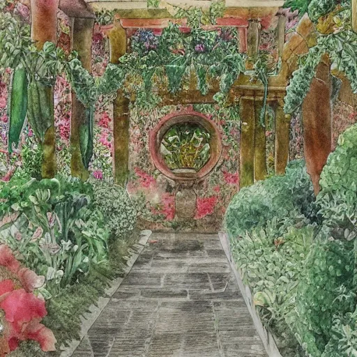 Image similar to delicate garden on paper floating puffy vines botanical 1 9 2 0 herbarium botanic watercolors river rain iridescent 8 k wide angle realistic shaded fine details, artstation italian rainbow colonnade oak pinecone gardena architecture pompeii