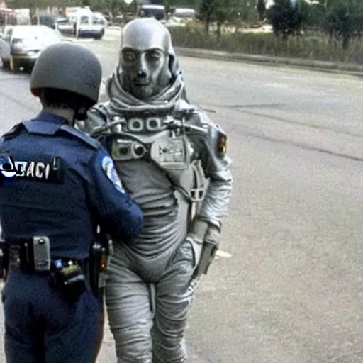 Image similar to extraterrestrial zeta reticulan grey alien, being arrested by spetsnaz