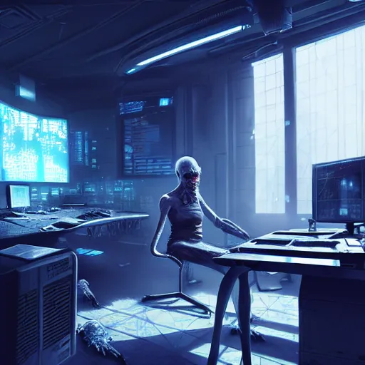 Image similar to frail and mutated human in a cyberpunk control room, ultra realistic, concept art, intricate details, eerie, highly detailed, photorealistic, octane render, 8k, unreal engine, art by Andrew Andreev