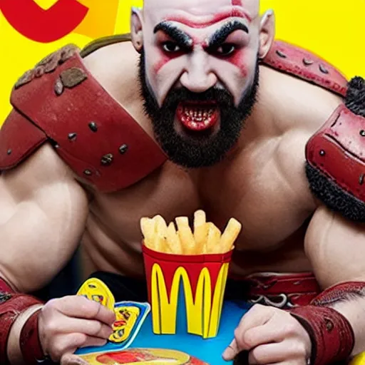 Prompt: kratos eating a happy meal from mcdonalds