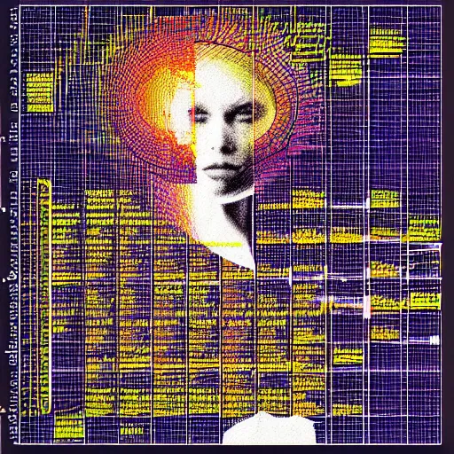 Prompt: a female made out of multiple overlays of complex scientific data visualized on top of each other, bar charts, thick and thin lines, waveforms on top ofmm square chart, topographic scan, space molecules, radio signals, negative space