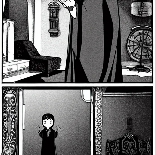 Image similar to the magician with a black robe inside a abandoned house, shadows, lurker, studio ghibli, anime