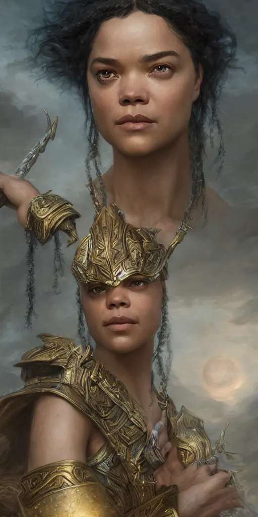 Image similar to tessa thompson, beautiful fantasy warrior princess, dungeons and dragons, masterpiece by edgar maxence and ross tran and michael whelan, gustav dore, 8 k, octane render