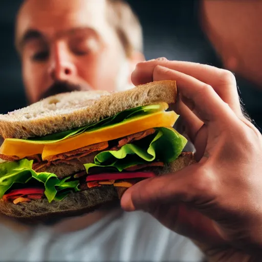 Image similar to A man eating a sandwich, close-up imagery, photorealistic, fisheye lens, trending on artstation, 4k, 8k