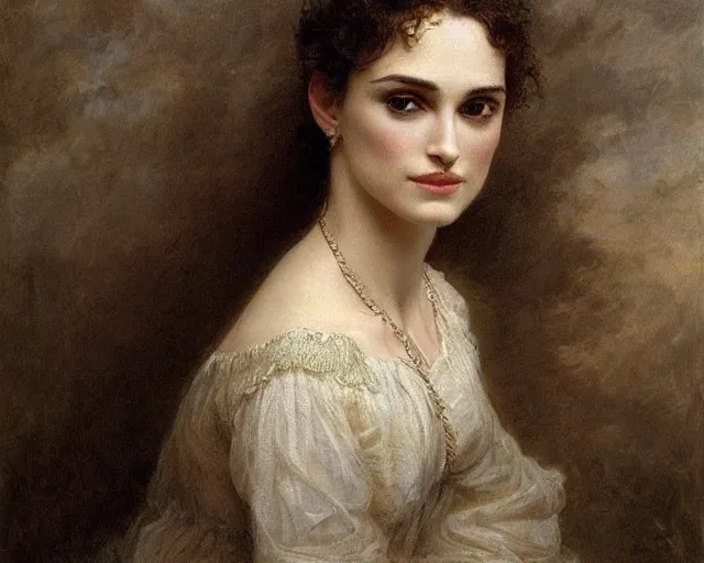 Image similar to portrait en buste of winona ryder kiera knightley in repose by Hughes Merle, by Pierre Auguste Cot, perfect detailed eyes, realistic fabric, abundant detail, dramatic pose