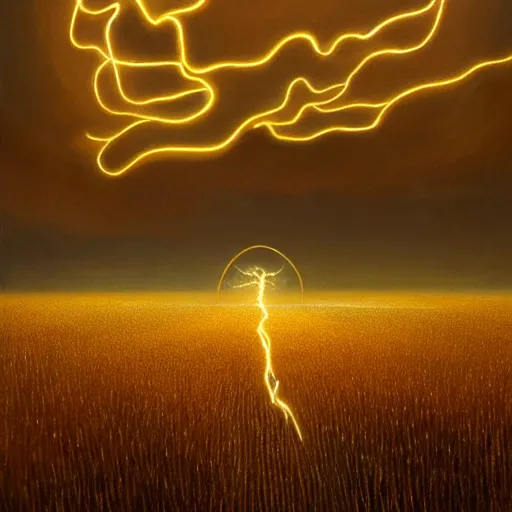 Image similar to oil painting of a glowing god with gold wires levitating in a wheat field, lightning in the sky, at night, stunning, cinematic lighting, concept art by greg rutkowski and wlop, artstation, cinematic, masterpice, insanely detailed, very realistic