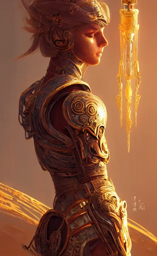 Prompt: portrait knights of zodiac girl, golden and copper shining armor, in ruined agora of athens sunrise, ssci - fi and fantasy, intricate and very very beautiful and elegant, highly detailed, digital painting, artstation, concept art, smooth and sharp focus, illustration, art by tian zi and wlop and z - - ed and ilya kuvshinov