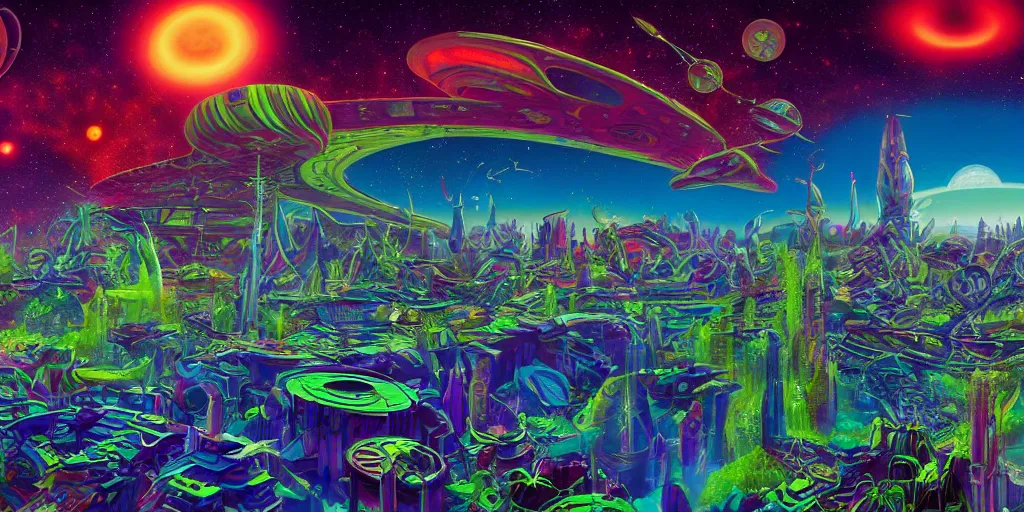 Image similar to a psychedelic retro sci fi city in space by roger dean, digital art, trending on artstation, 4k, equirectangular projection, 360