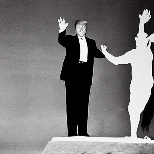 Image similar to donald trump dancing acrobatic rock with gandhi