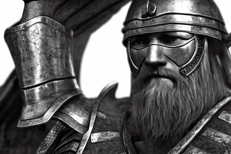 Image similar to still photo of 8 th century war man looking at the camera, black and white color aesthetic, highly detailed, photorealistic portrait, bright studio setting, studio lighting, crisp quality and light reflections, unreal engine 5 quality render