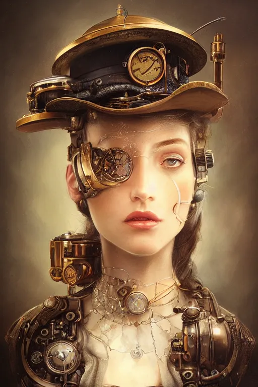 Image similar to a beautiful ultra detailed fine art portrait of a steampunk cyborg wearing a graduation hat, by tom bagshaw and anna dittman, studio lighting, golden ratio composition, 3 5 mm lens, cybernetic scifi, deep depth of field, artstation, 8 k
