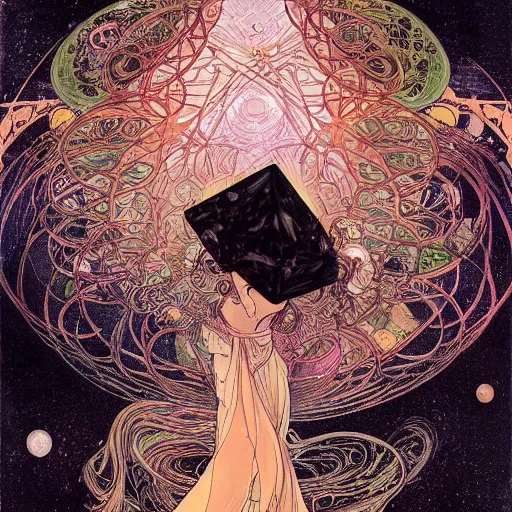 Image similar to a beautiful illustration of a black cube projecting on its surface the birth of a black hole, style of yoshitaka amano and alfons mucha