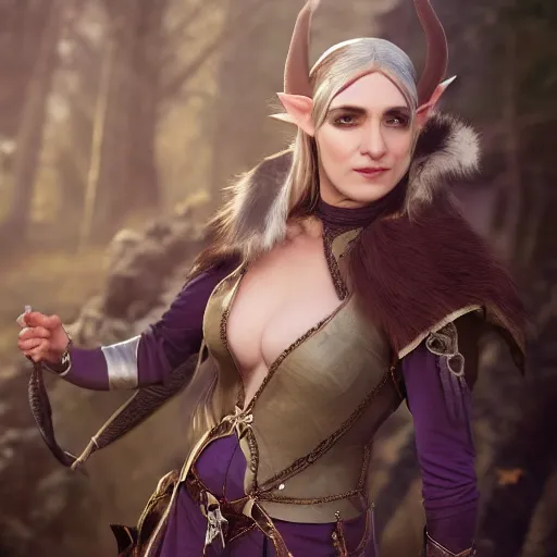 Image similar to anya charlota as a medieval fantasy tolkien elf, dark purplish hair tucked behind ears, wearing leather with a fur lined collar, wide, muscular build, scar across the nose, one black, scaled arm, cinematic, character art, digital art, realistic. 8 k, detailed.