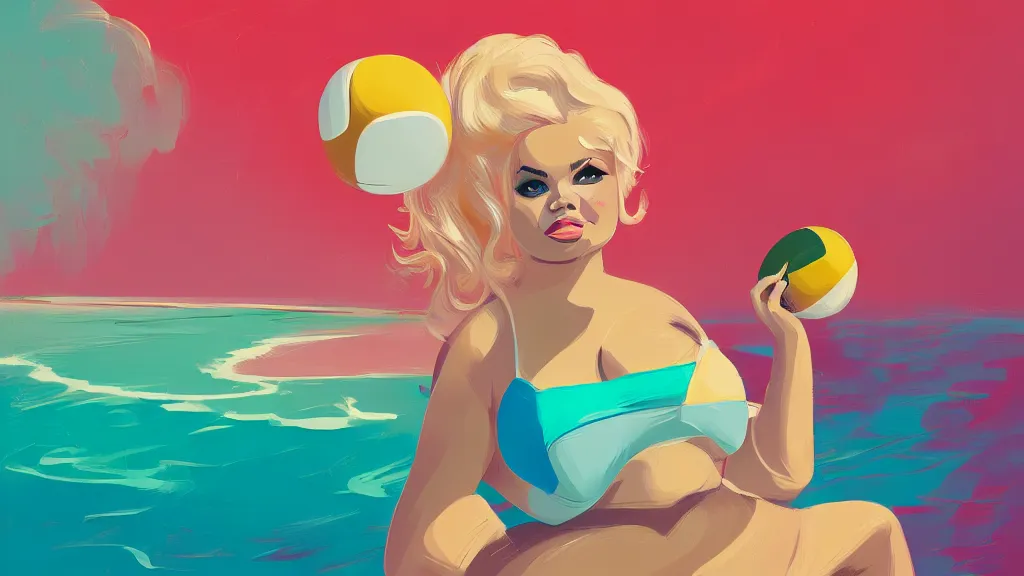 Image similar to portrait of trisha paytas, elegant, intricant, beach, volleyball, and icecream, by anton fadeev