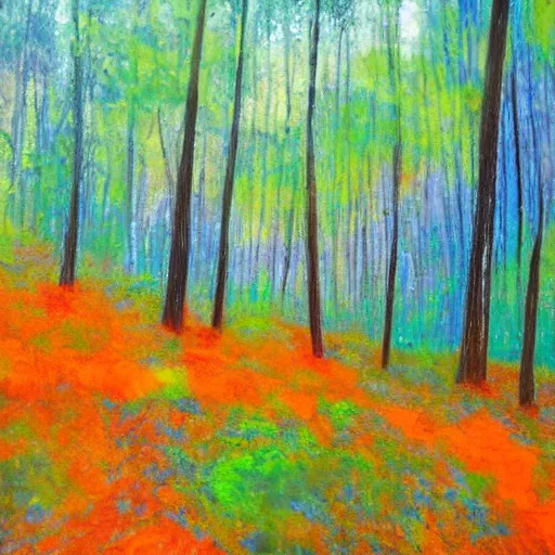 Image similar to A forest landscape with different hues of blue and green and orange