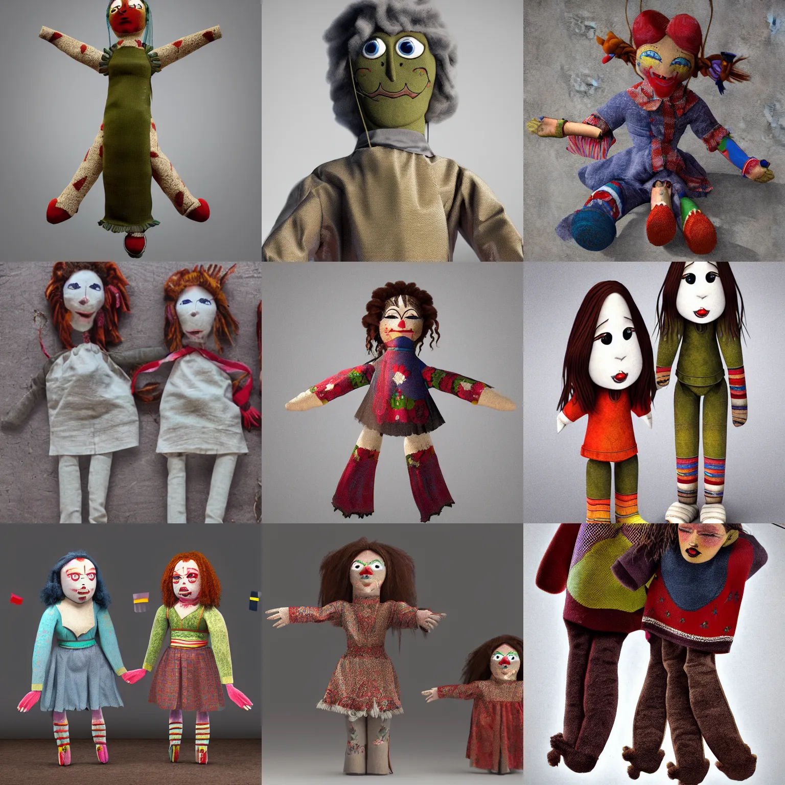 Prompt: Rag doll Russian puppets cursed , photorealistic render