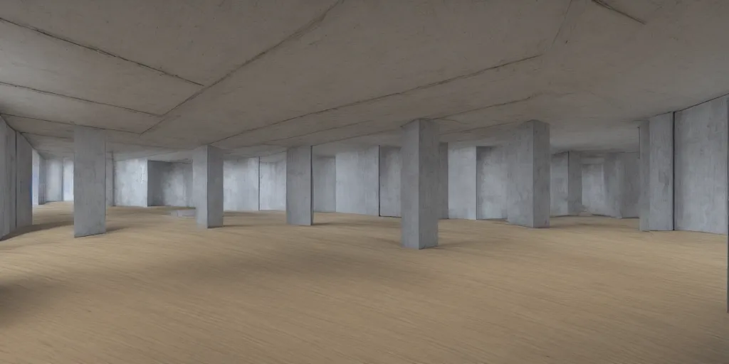 Image similar to a coloured 3 d octane model of a brutalism art gallery with wooden floor, highly detailed