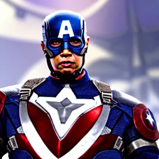 Prompt: Obama as Captain America in the Avengers, final epic scene, closeup still